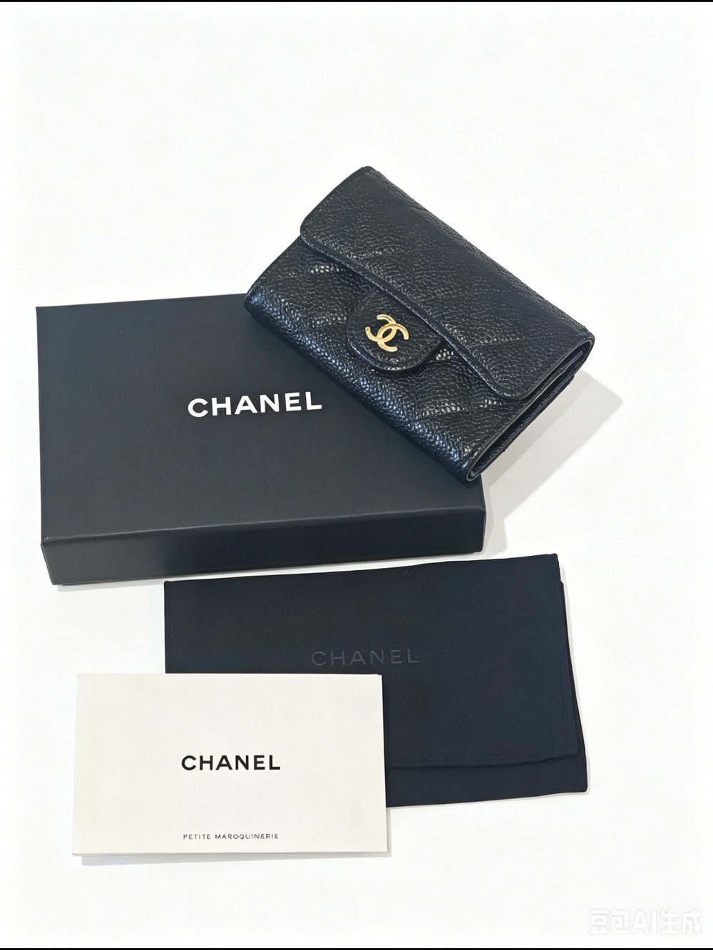 CHANEL Black Quilted Caviar Leather Compact Wallet with Gold CC